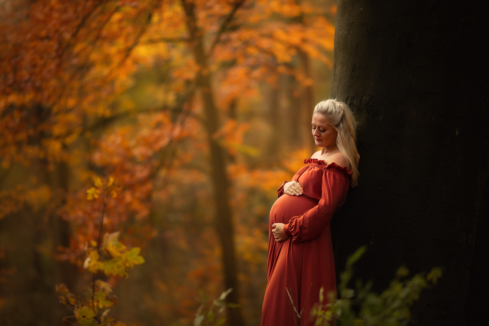 Schwangerschaftsshooting im roten Kleid Schwangerschaftsshooting im Wald
